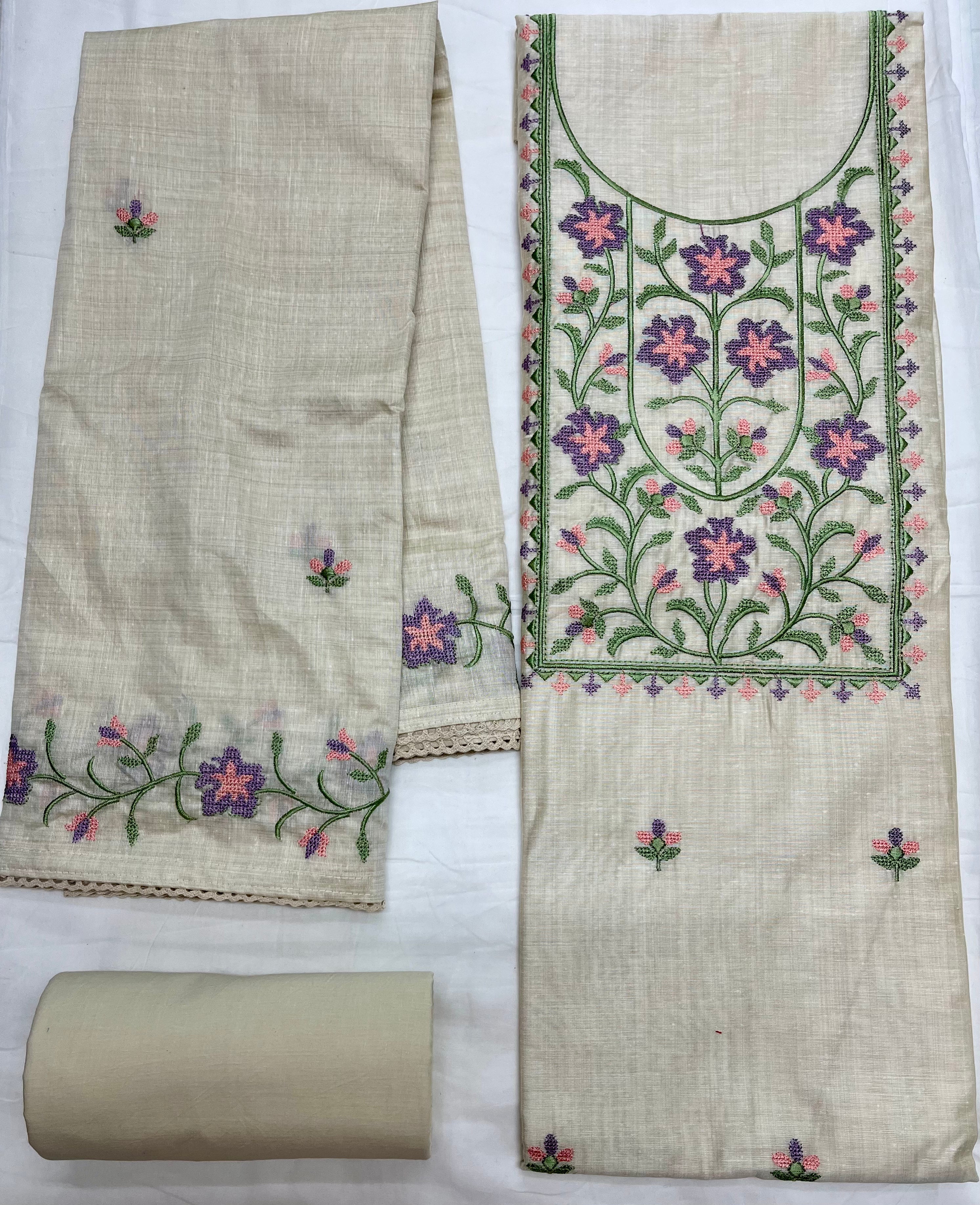 Unstitched 3 Piece – Cotton Munga Slub Silk with Gheecha Work Suit