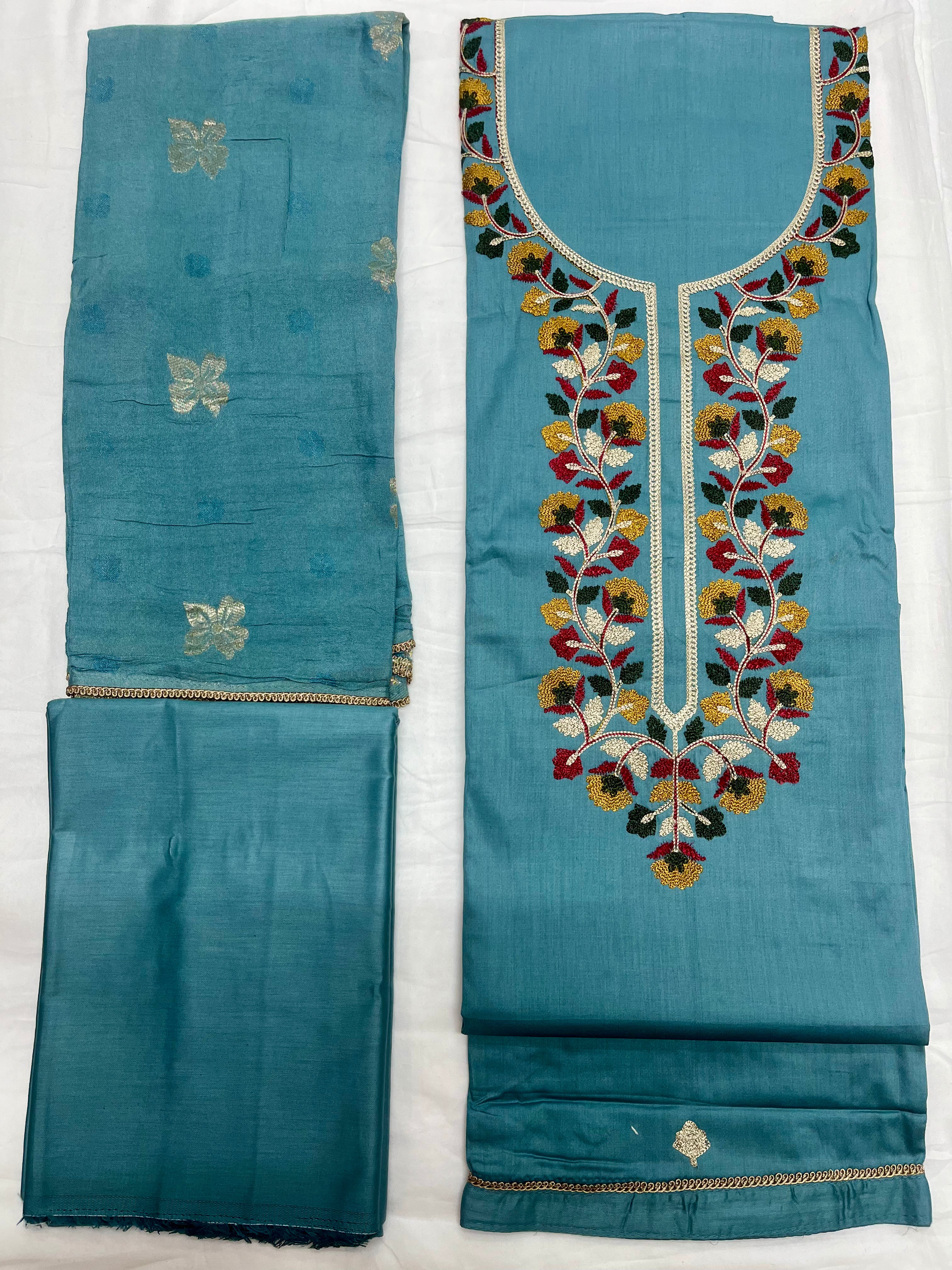 Unstitched 3 Piece – Pure Cotton Sateen with Phulkari Work Suit