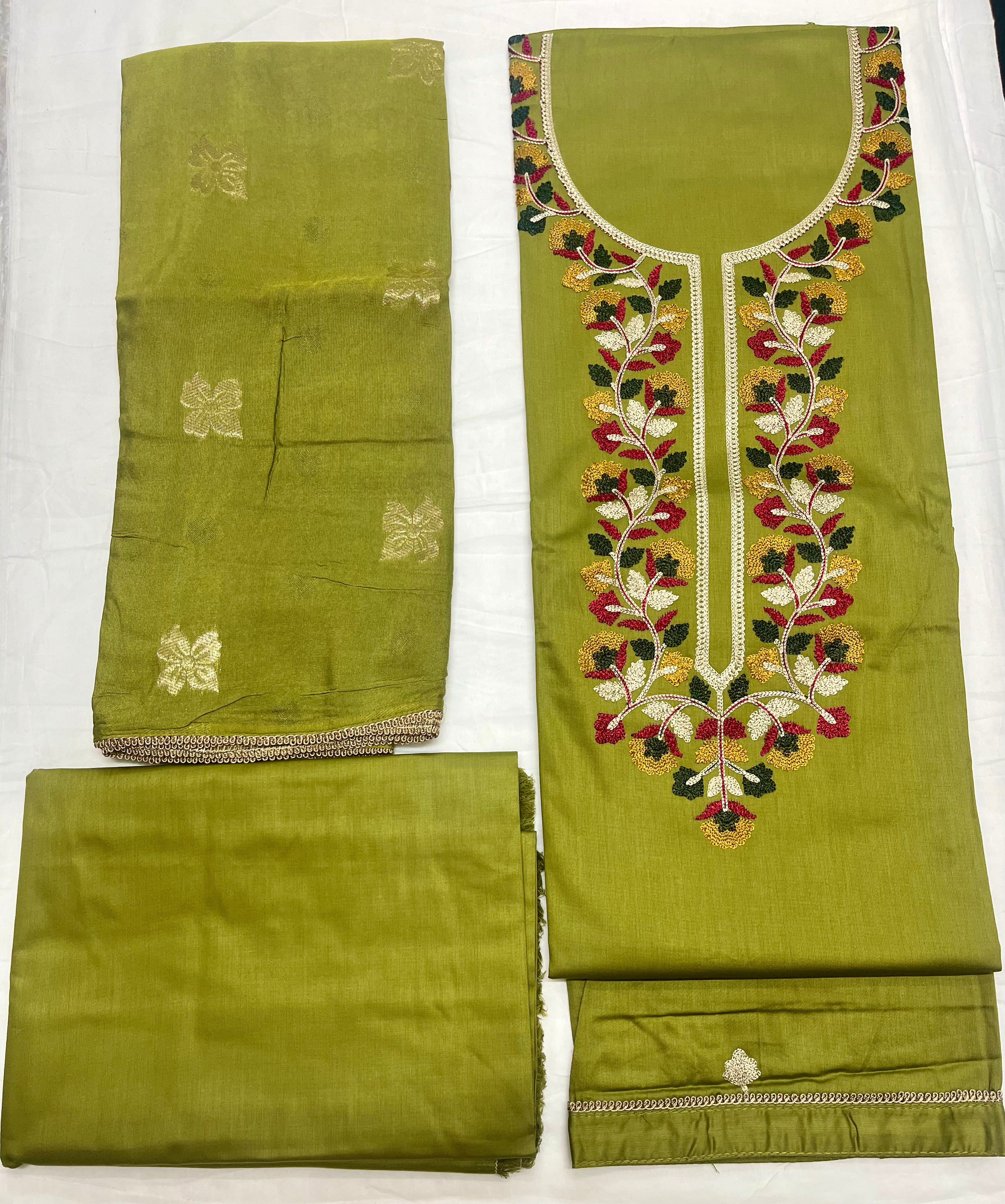 Unstitched 3 Piece – Pure Cotton Sateen with Phulkari Work Suit