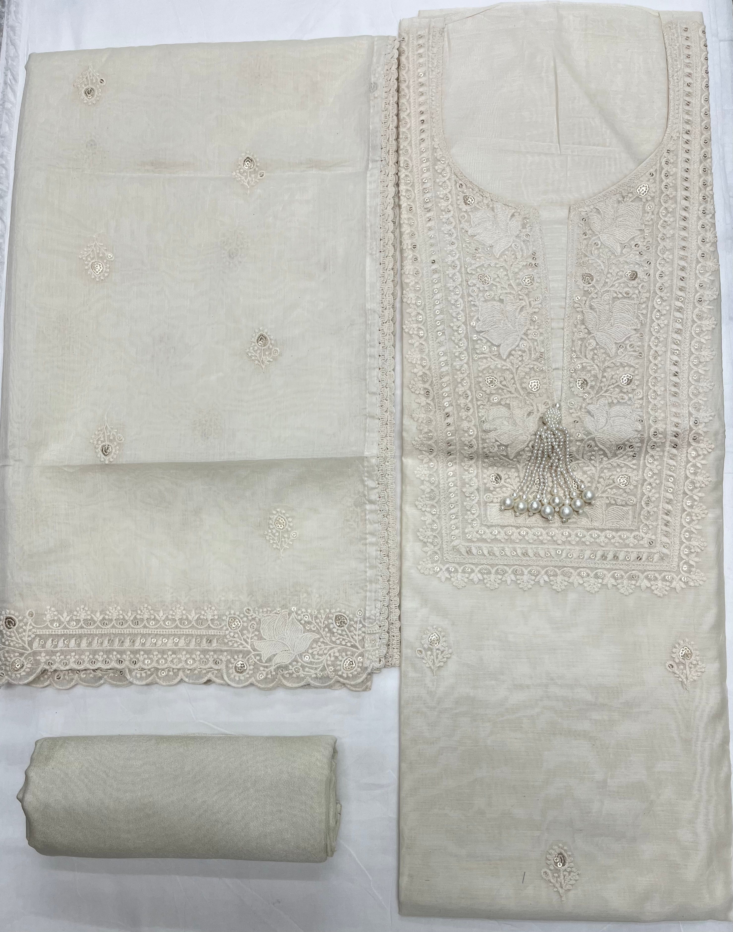 Unstitched 3 Piece – Pure Chanderi Silk with Chikankari Lucknowi Work Suit