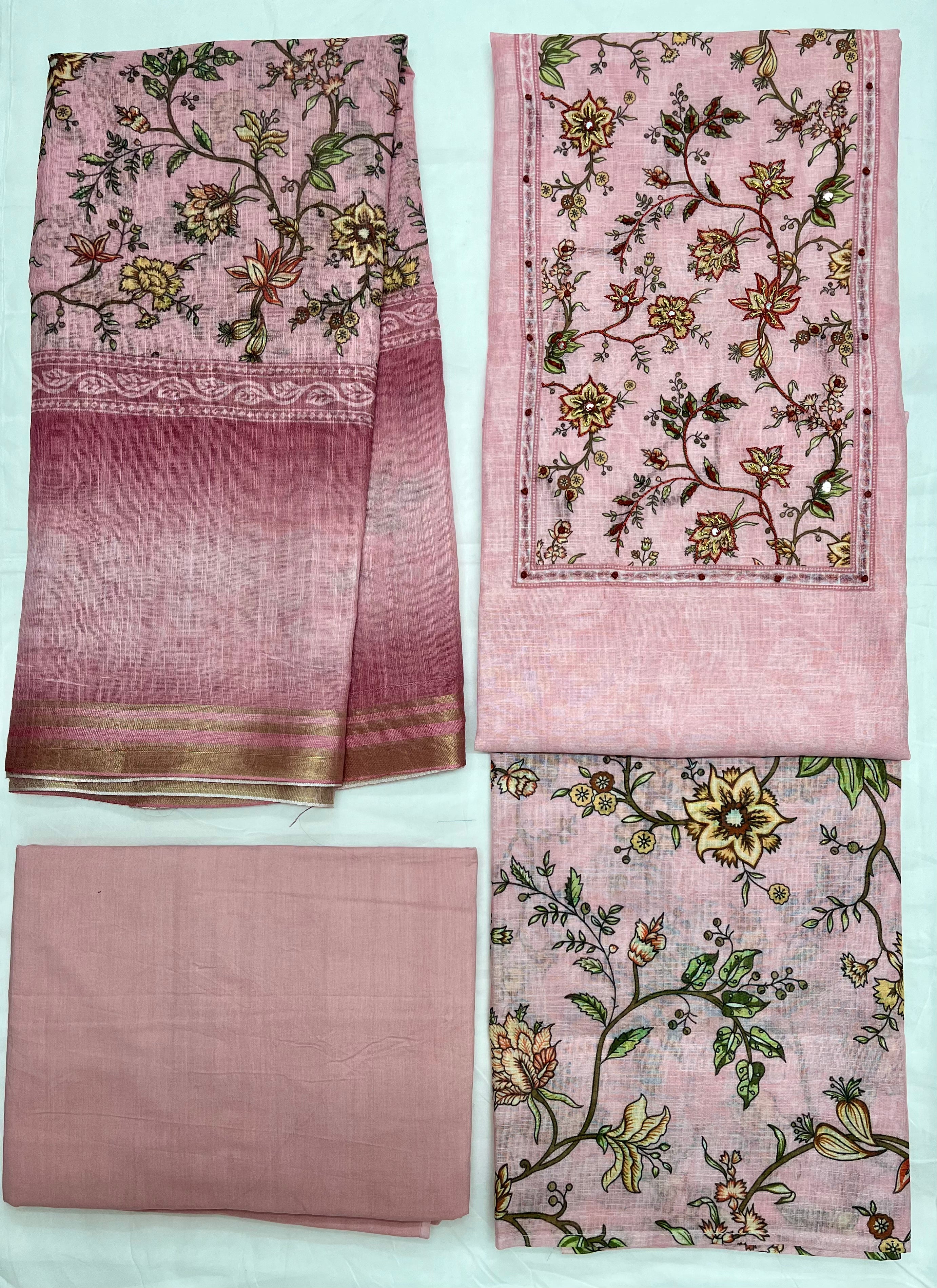 Unstitched 3 Piece – Pure Cotton Linen Printed with Katha Work Suit