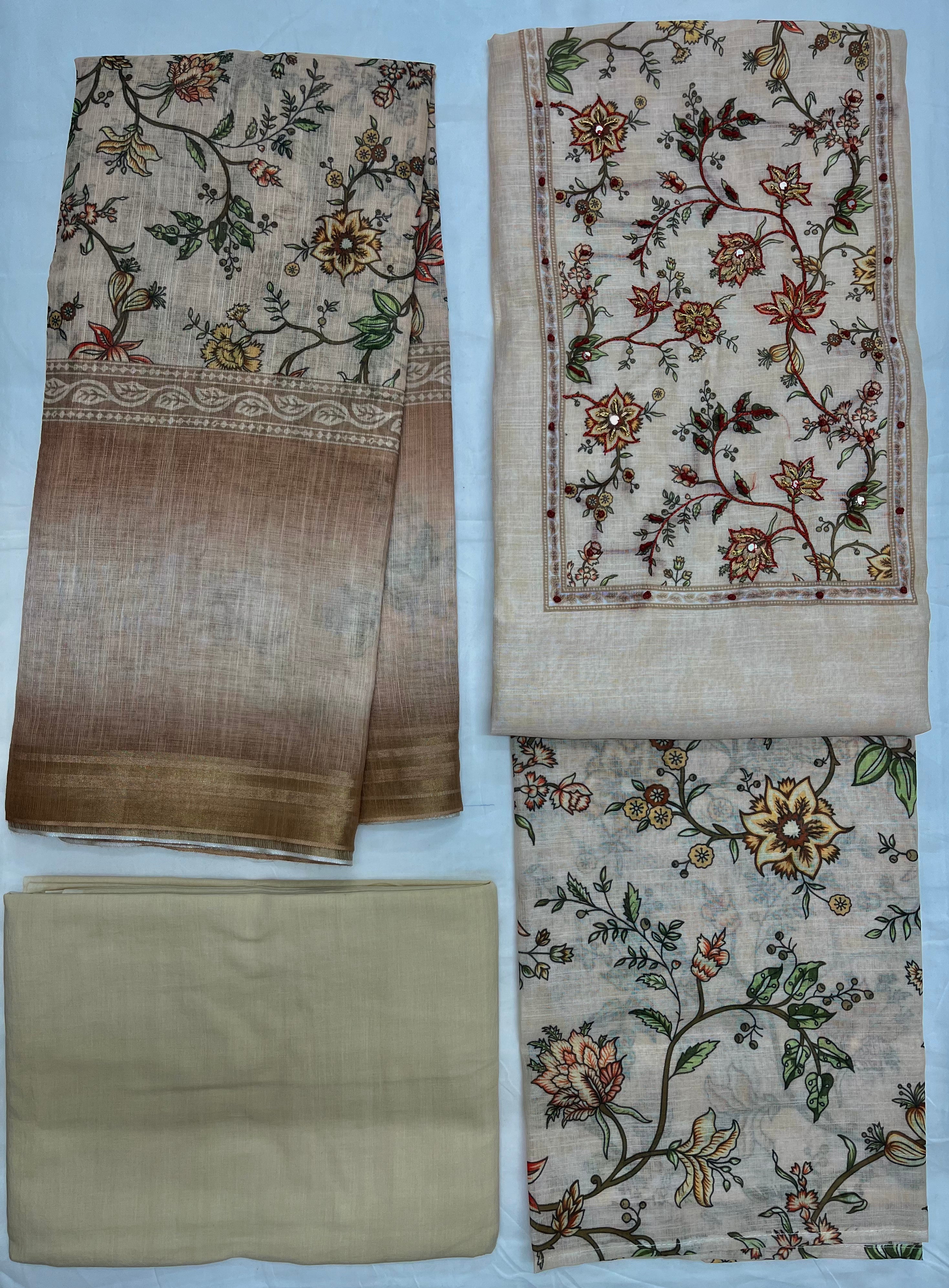 Unstitched 3 Piece – Pure Cotton Linen Printed with Katha Work Suit