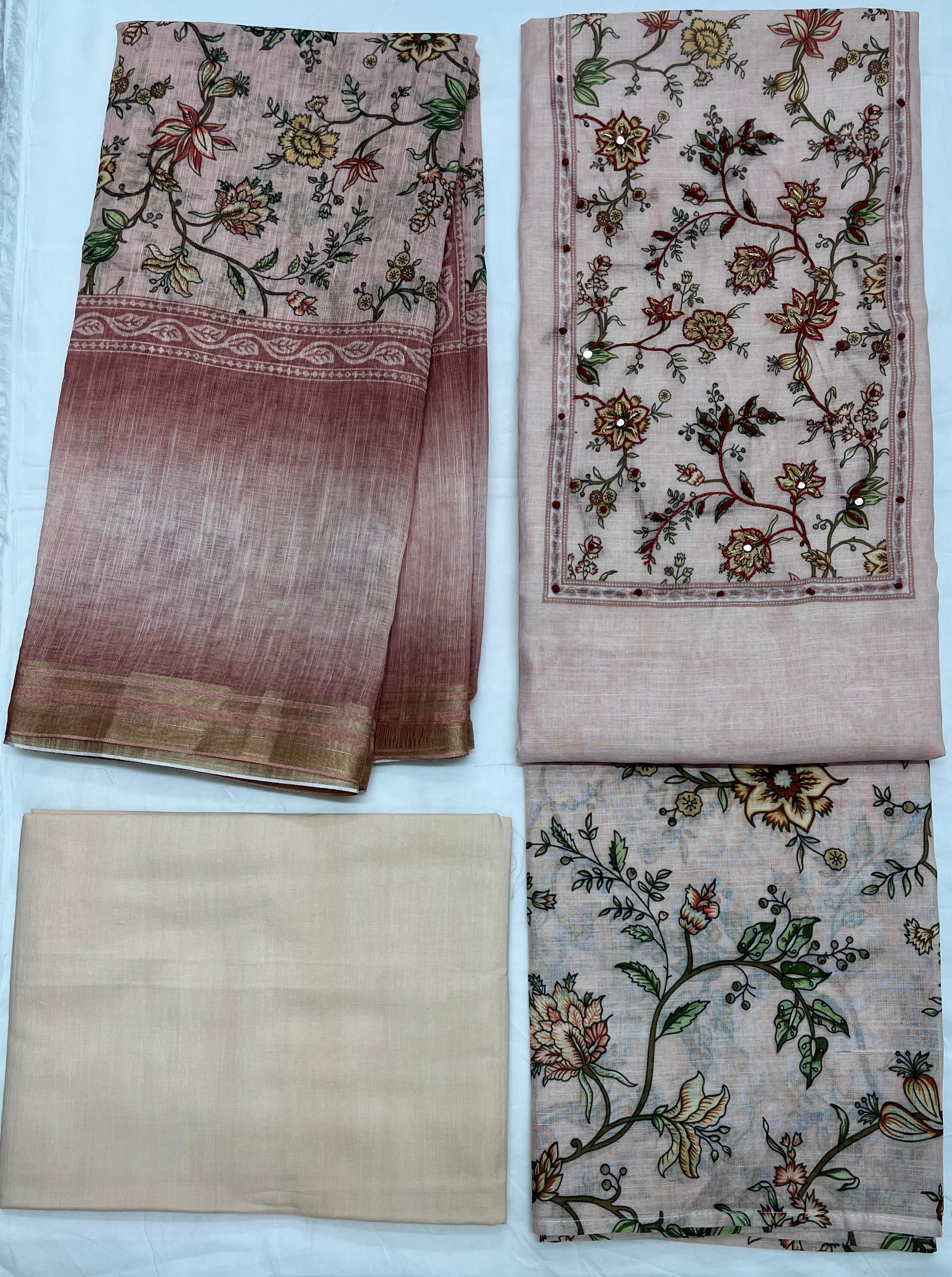 Unstitched 3 Piece – Pure Cotton Linen Printed with Katha Work Suit
