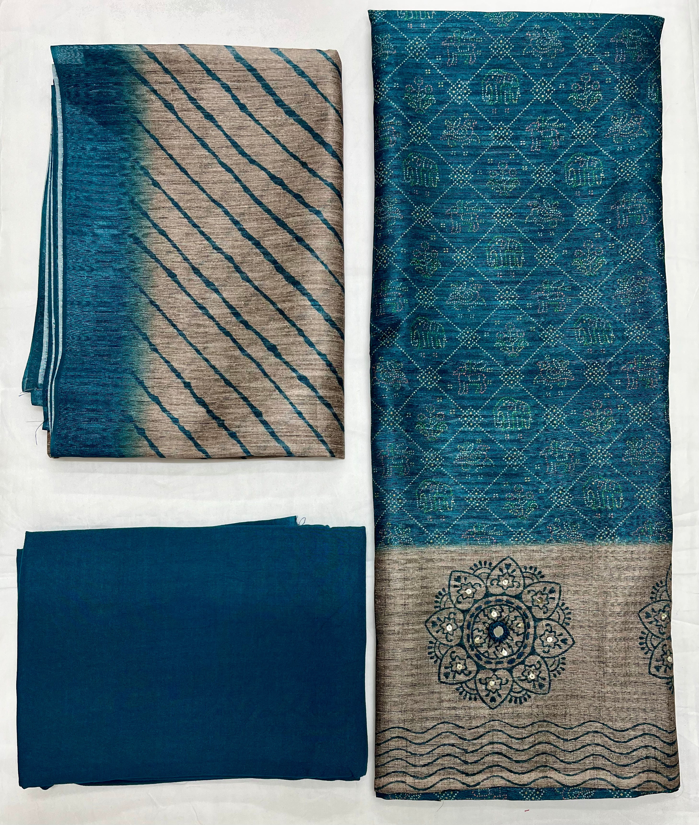 Unstitched 3 Piece – Shimmer Linen with Sequins, Mirror Work & Leheriya Dupatta