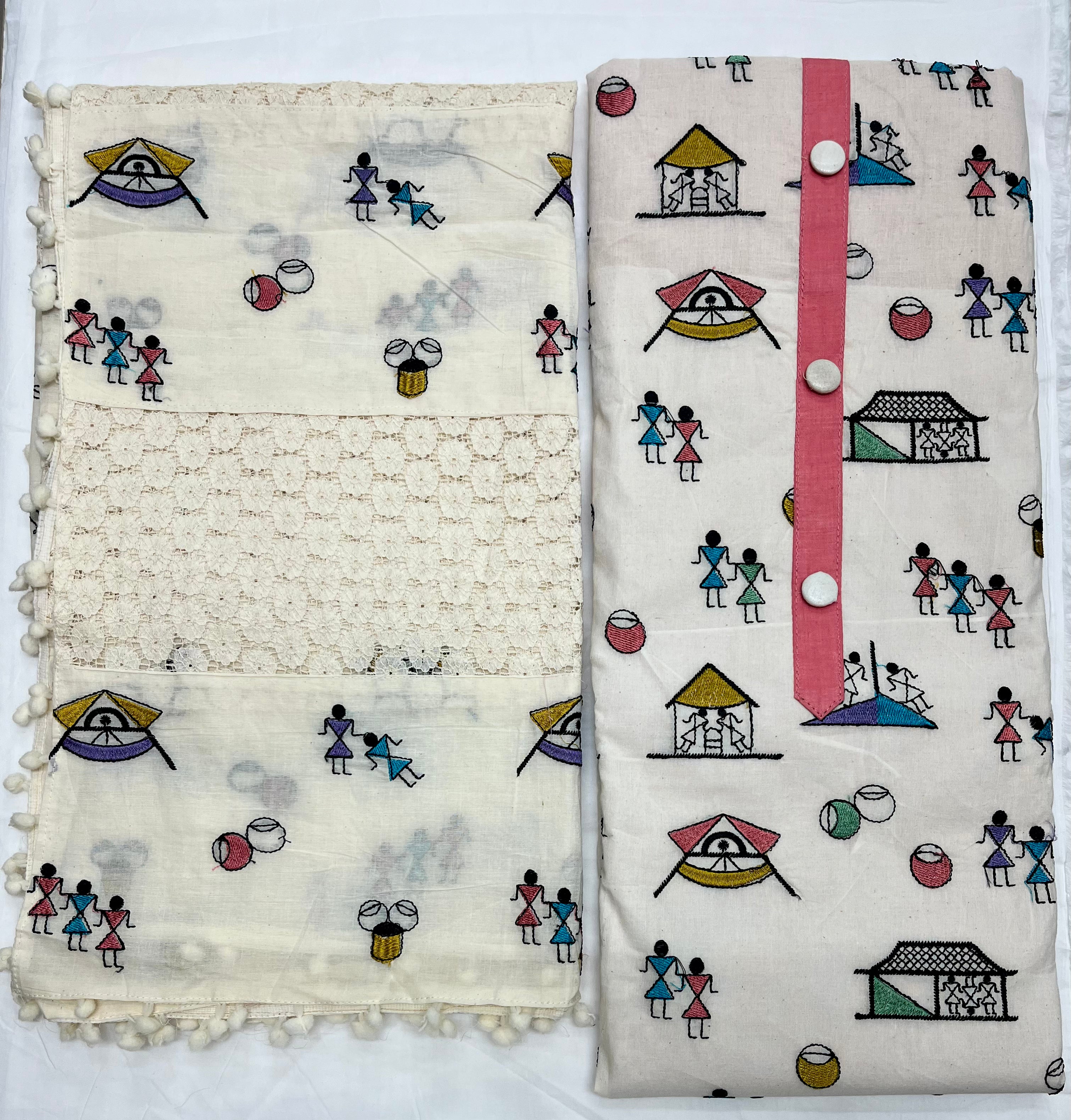 Unstitched 3 Piece – Pure Cotton with Machine Embroidery & Warli Print Suit