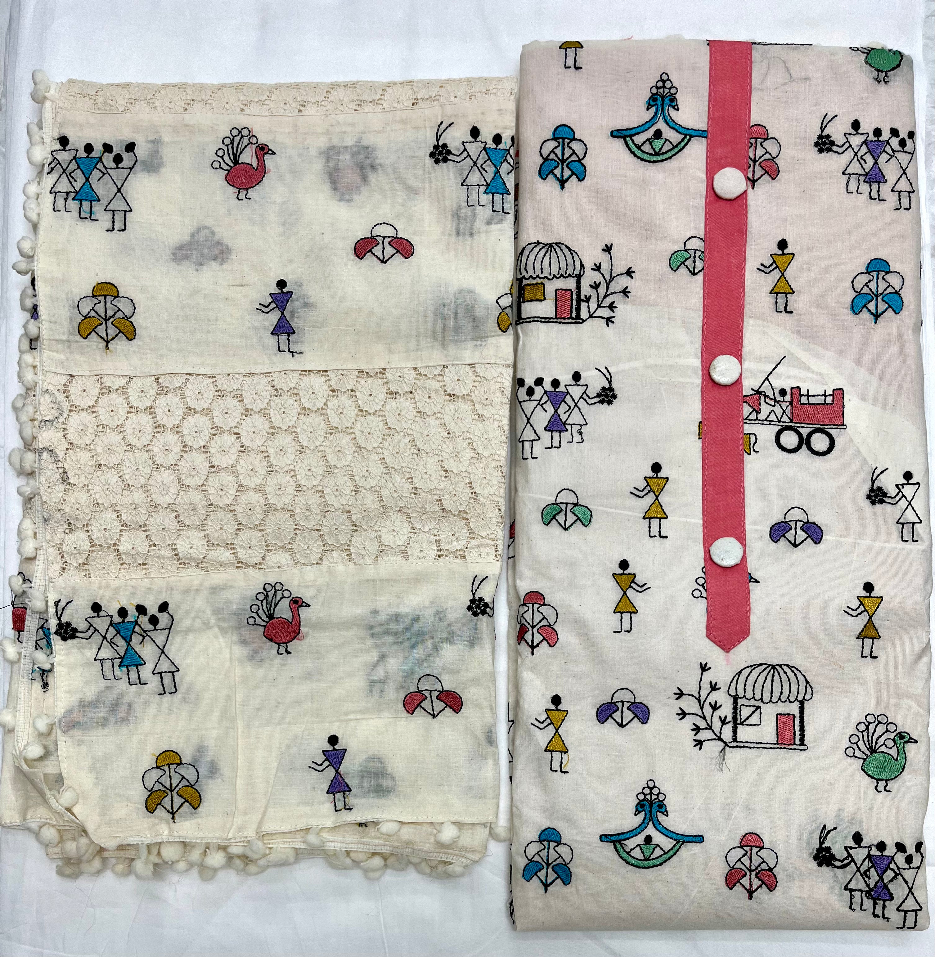 Unstitched 3 Piece – Pure Cotton with Machine Embroidery & Warli Print Suit