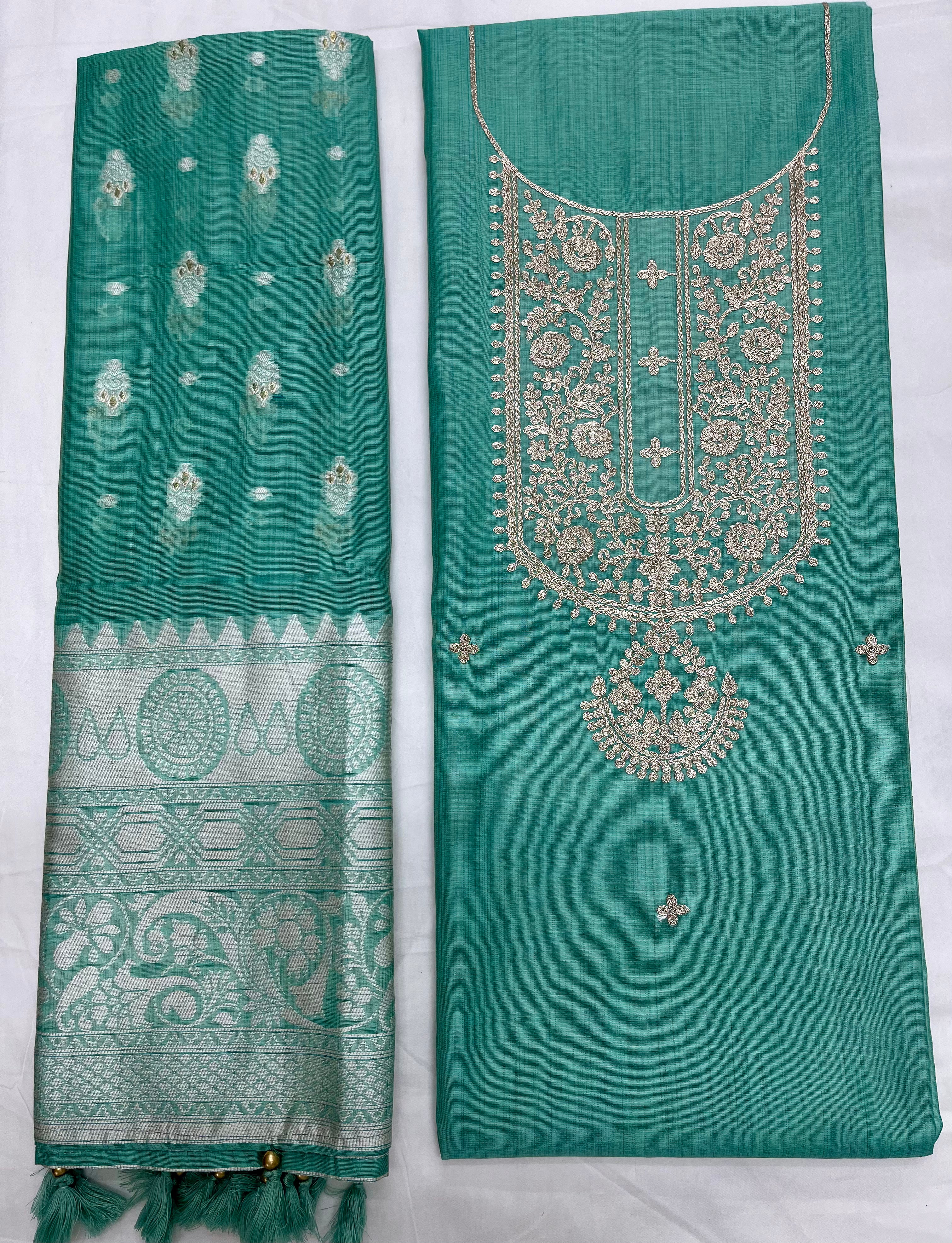 Unstitched 3 Piece – Pure Chanderi Silk with Gota Patti Work Suit