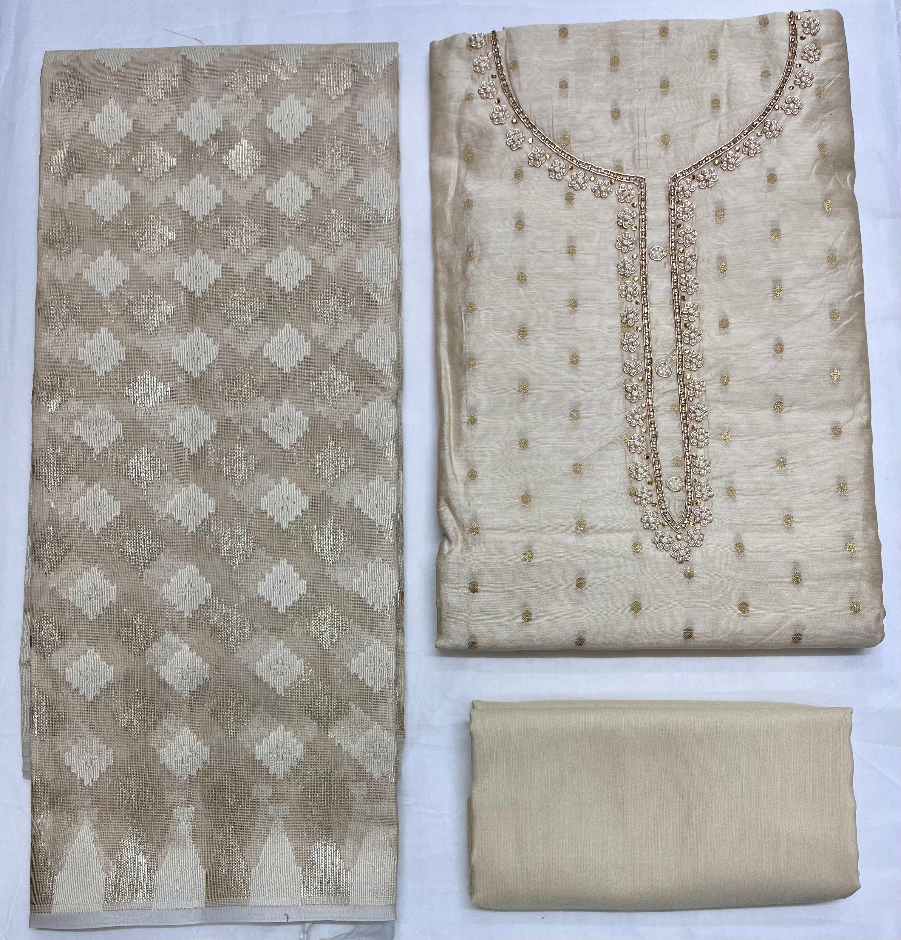 Unstitched 3 Piece – Tussar Munga Silk Handwork & Banarasi Weaving Suit