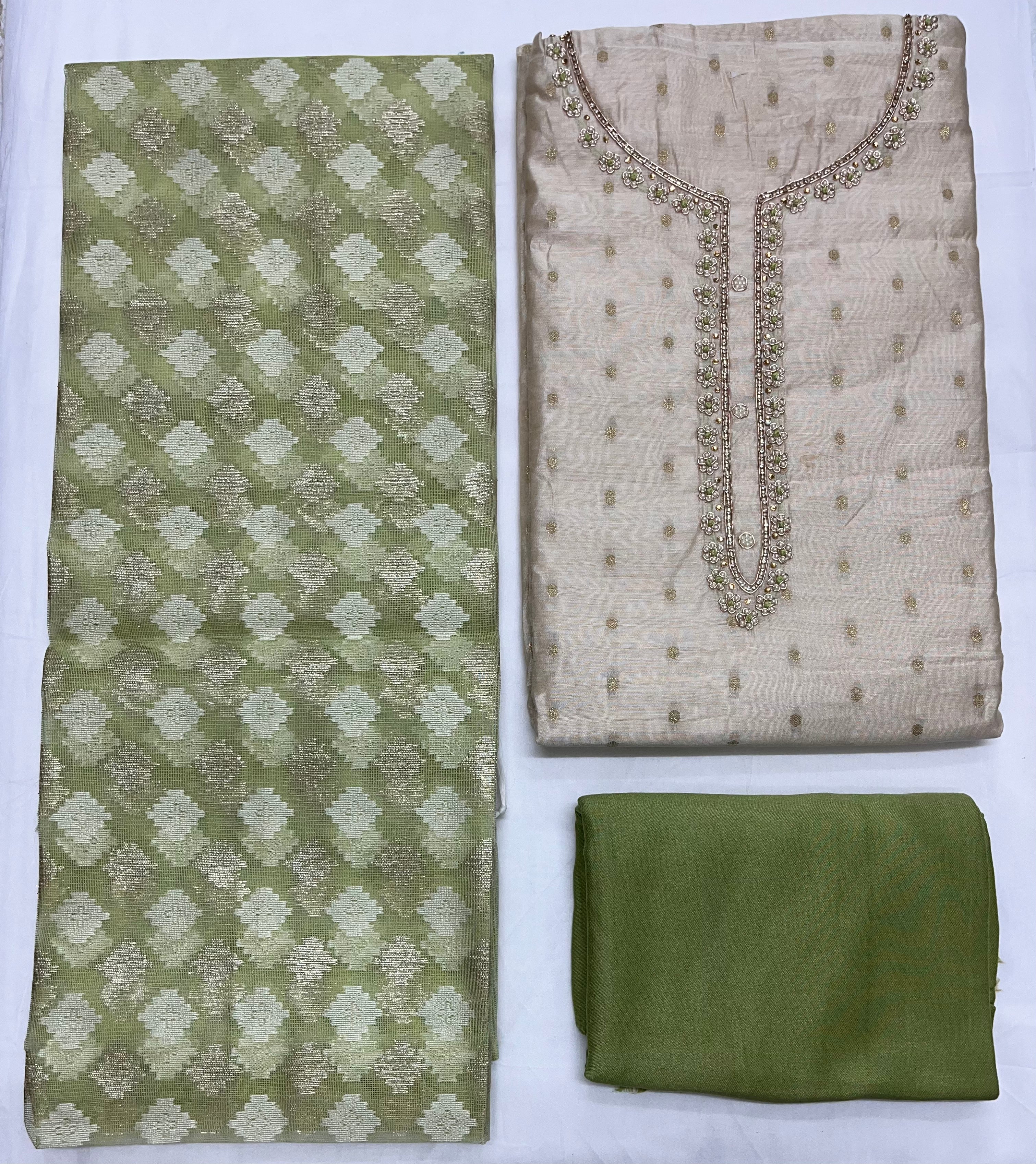 Unstitched 3 Piece – Tussar Munga Silk Handwork & Banarasi Weaving Suit