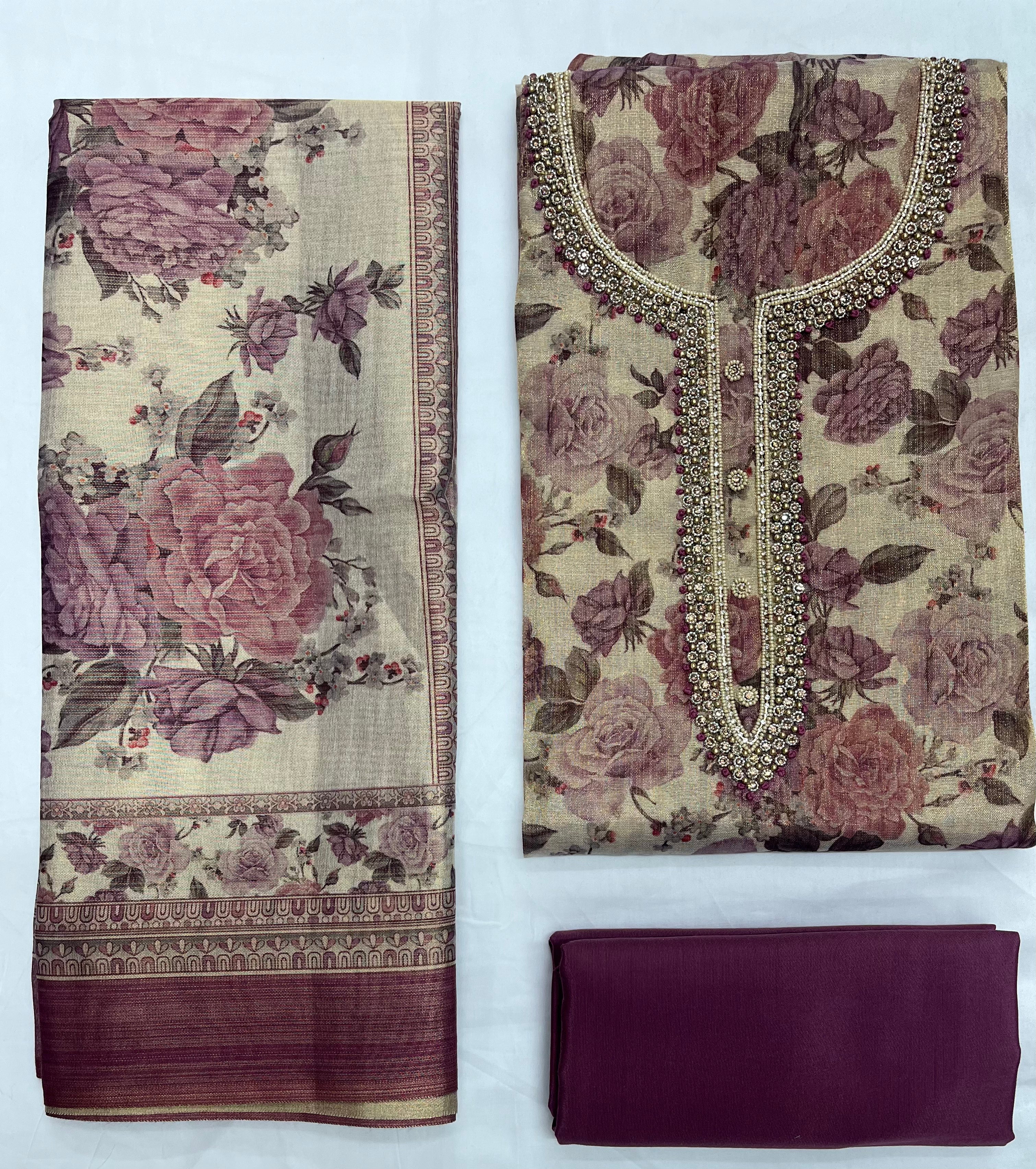 Unstitched 3 Piece – Pure Tissue Silk with Handwork Suit