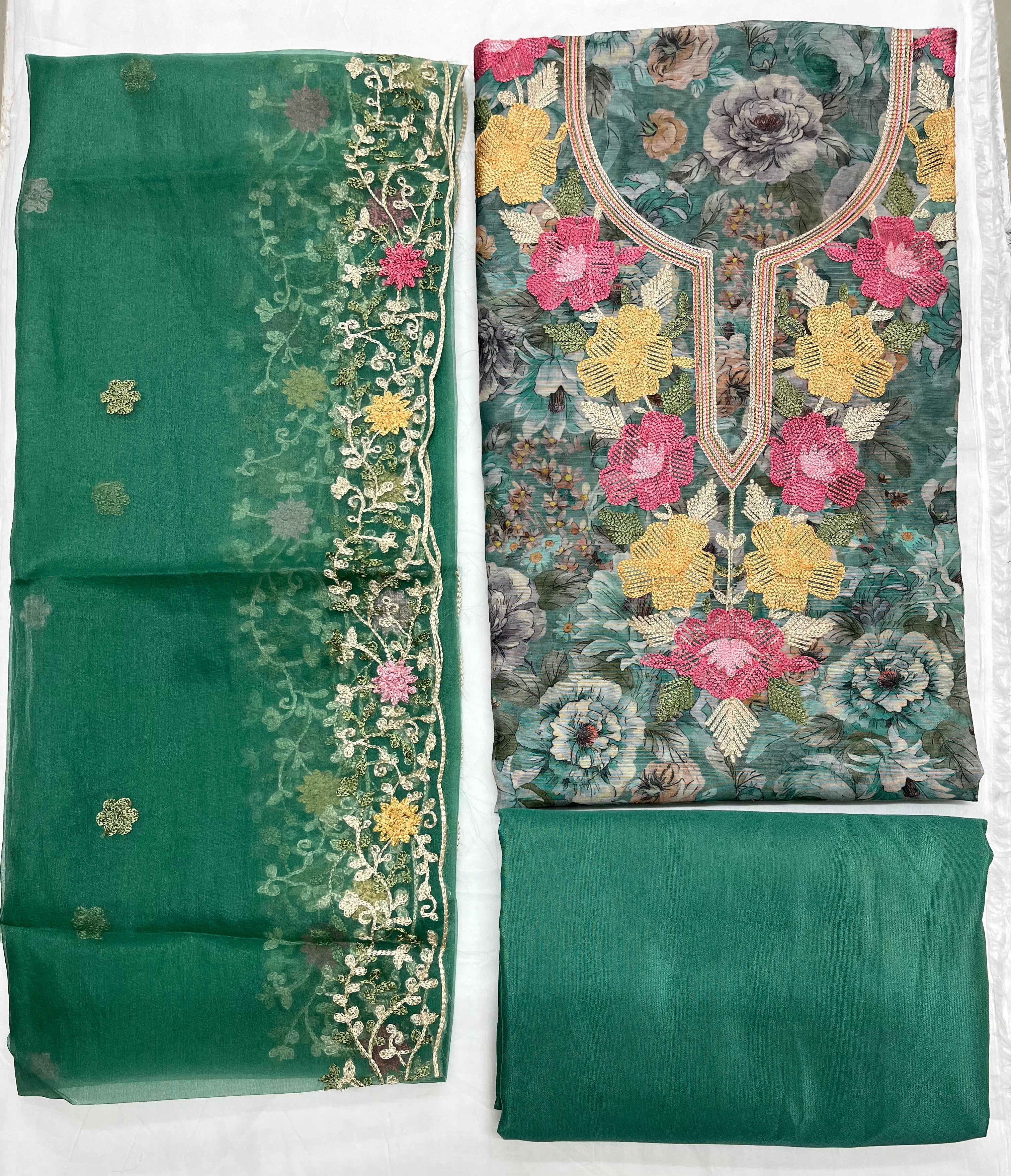 Unstitched 3 Piece – Chanderi Silk Phulkari Embroidery Suit