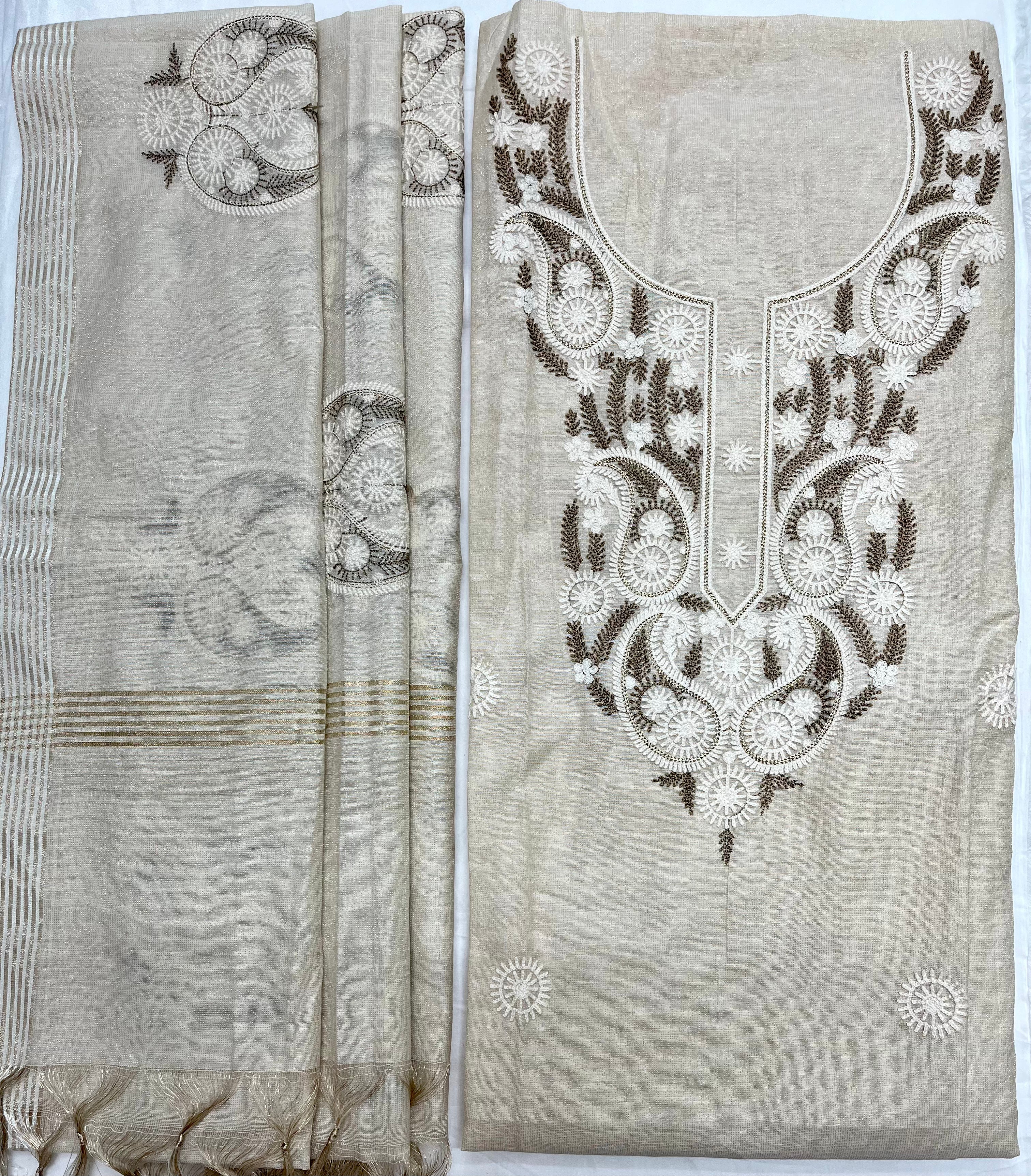 Unstitched 3 Piece - Munga Tissue Silk with Lucknowi Machine Work Suit