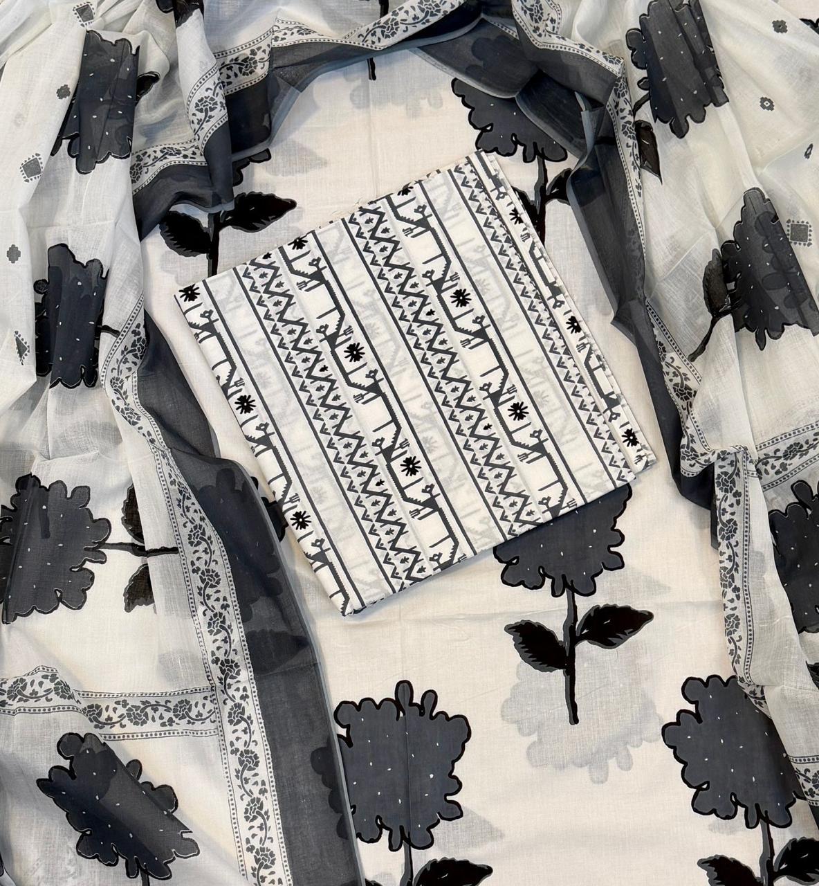 Unstitched 3 Piece - Pure Cotton Handblock Print Suit