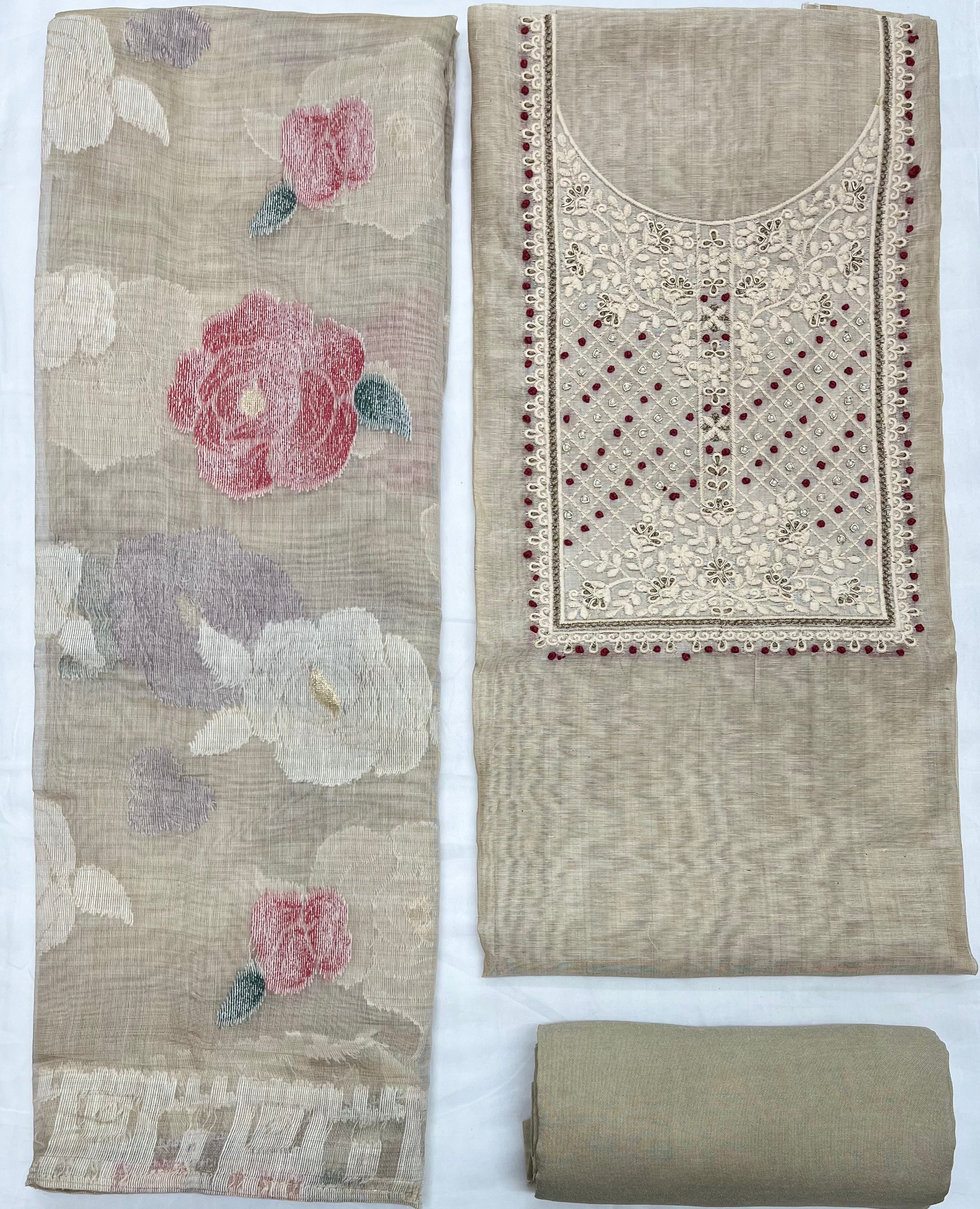 Unstitched 3 Piece - Pure Jaamdani Cotton With Lucknowi Handwork Suit