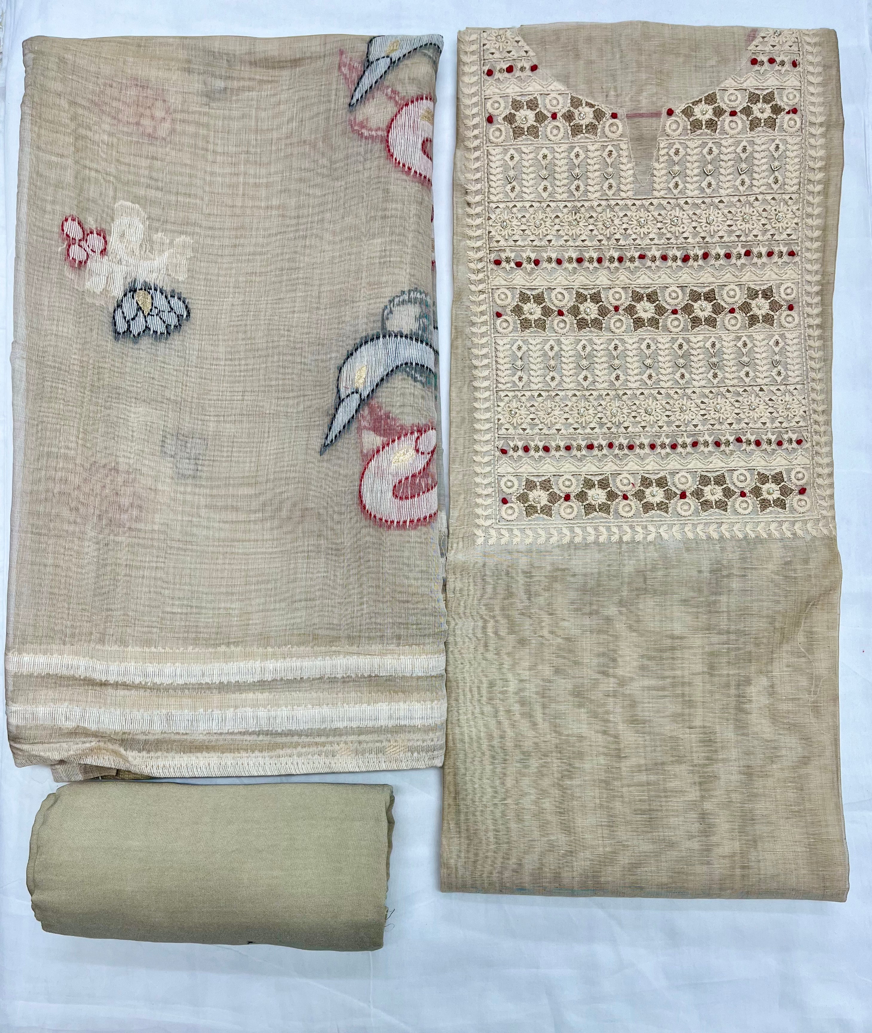 Unstitched 3 Piece - Pure Jaamdani Cotton With Lucknowi Handwork Suit
