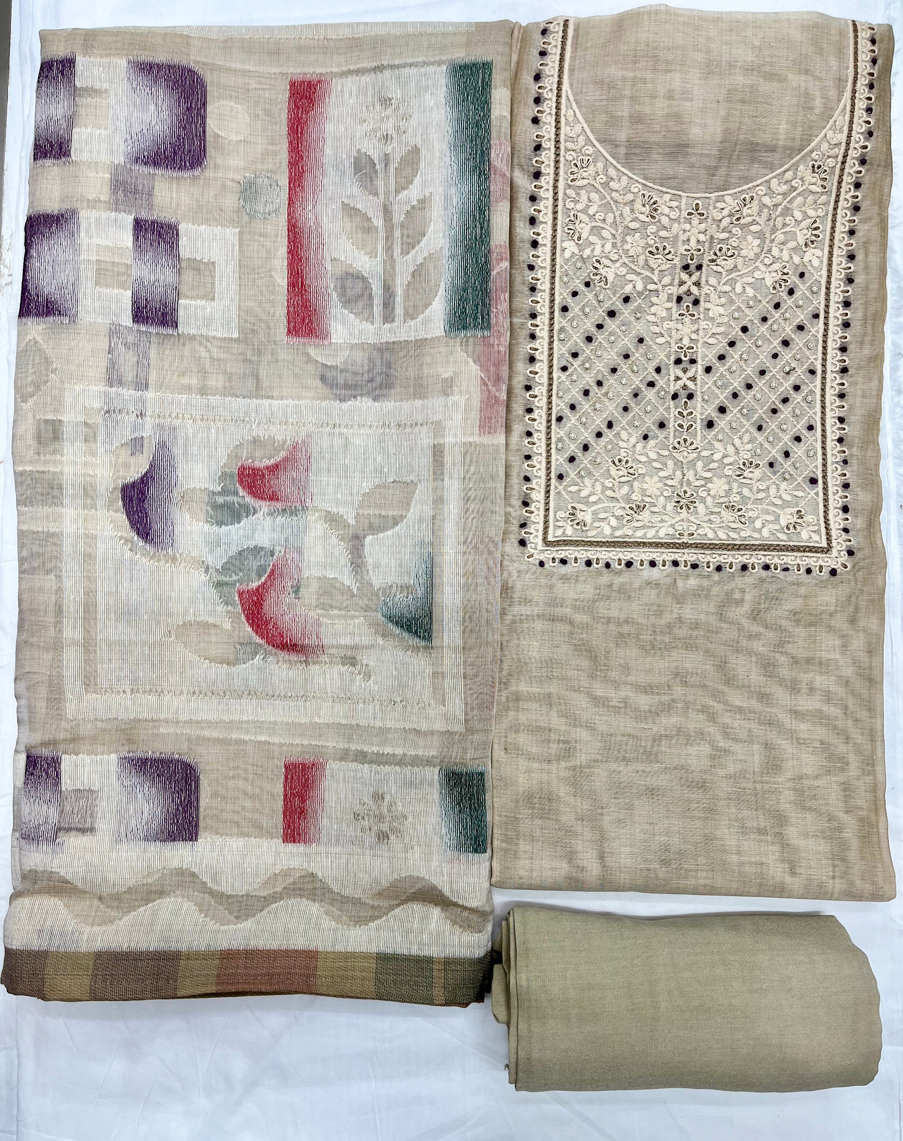 Unstitched 3 Piece - Pure Jaamdani Cotton With Lucknowi Handwork Suit