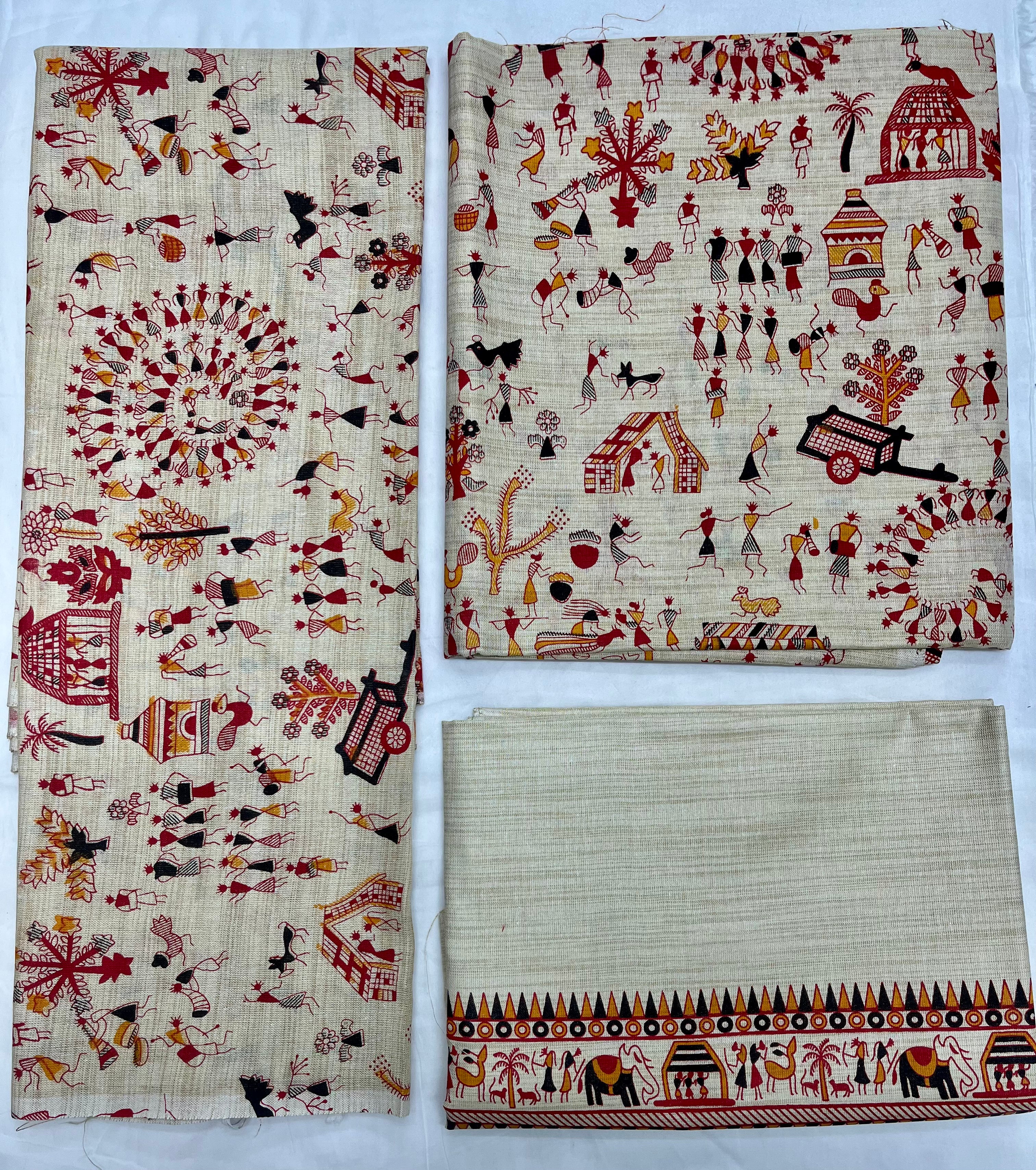 Unstitched 3 Piece - Cotton Dupion Warli Print Suit
