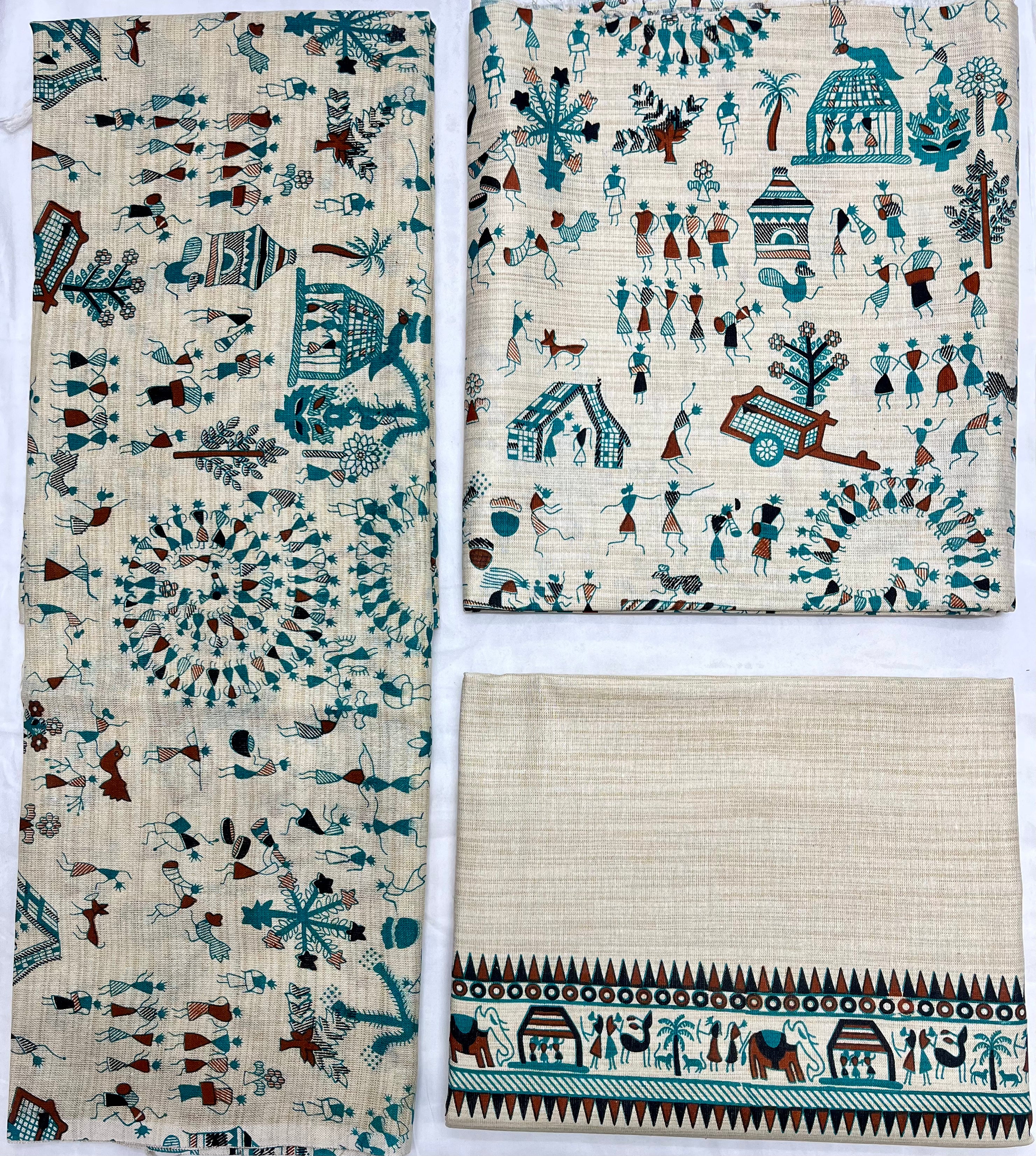 Unstitched 3 Piece - Cotton Dupion Warli Print Suit