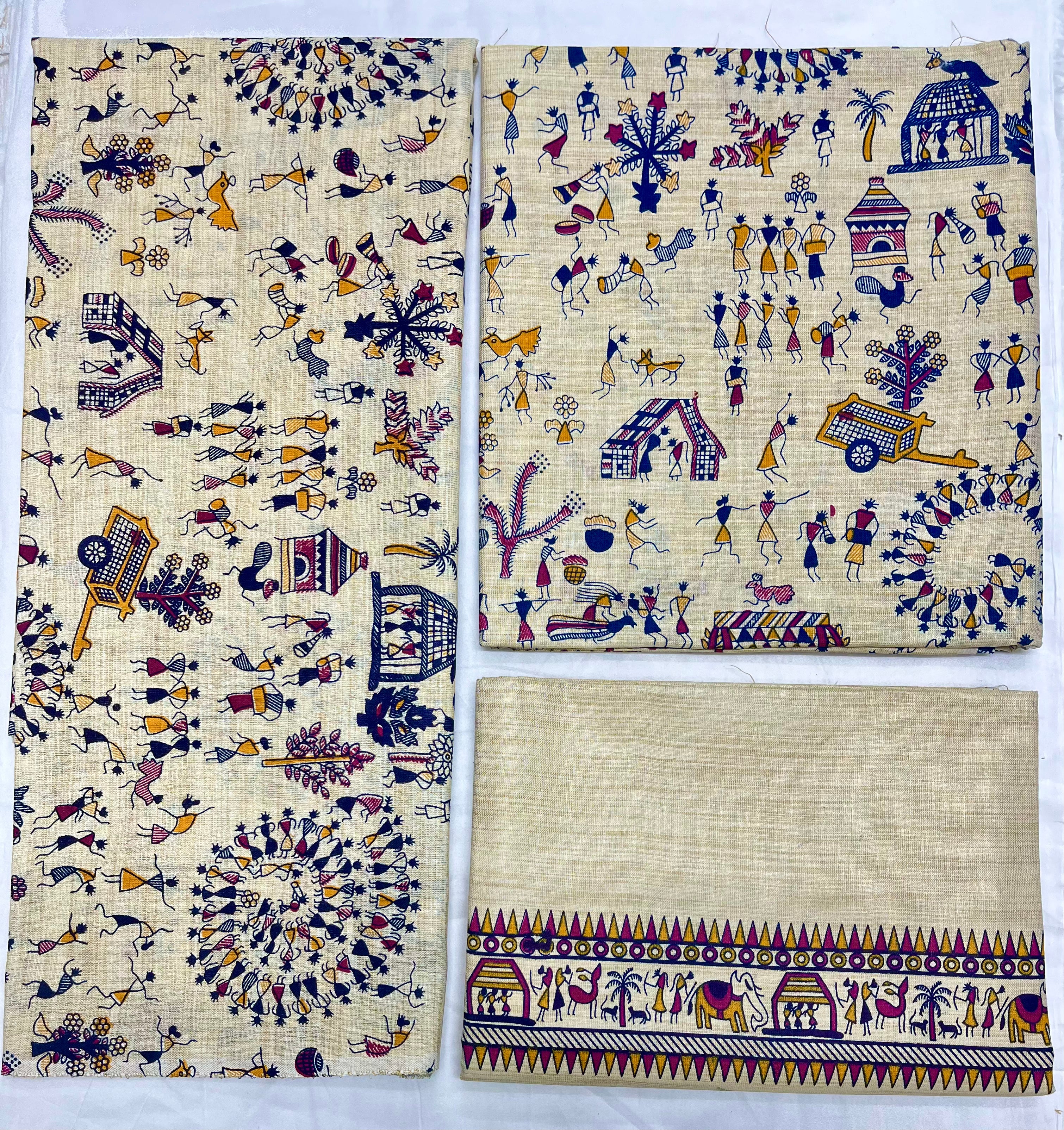 Unstitched 3 Piece - Cotton Dupion Warli Print Suit